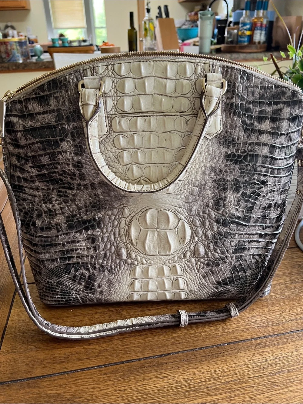Brahmin Croc-Embossed Satchel in Cream and Gray
